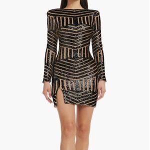 Dress the Population Natalia Sequin Directional Stripe Long Sleeve Mini